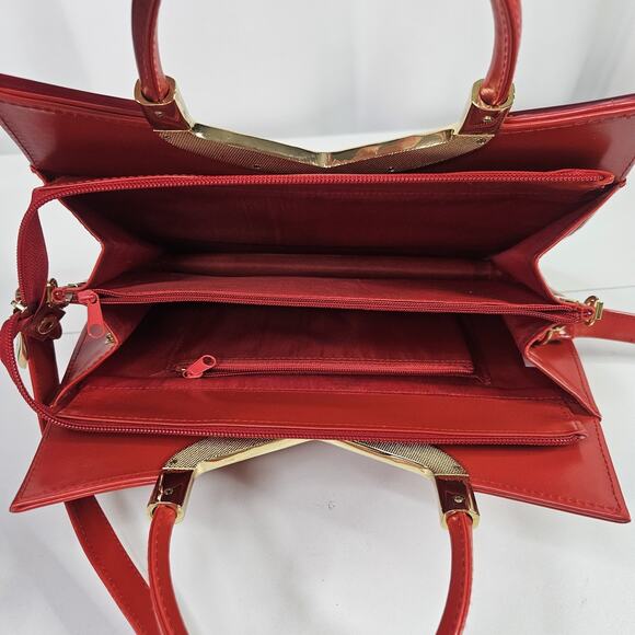 Retro Inspired Glossy Statement Handbag Red Gold Accents Acrylic Shoulder Purse - Picture 7 of 14